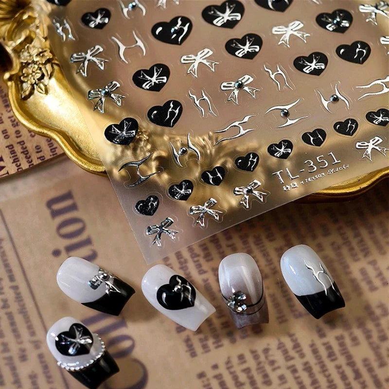 Black Silver Bowknot Love Heart Lace Irregular Line Lava Chic Self Adhesive Nail Art Stickers Embossed Reliefs Manicure Decals (Online Order Only)