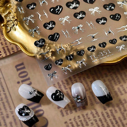 Black Silver Bowknot Love Heart Lace Irregular Line Lava Chic Self Adhesive Nail Art Stickers Embossed Reliefs Manicure Decals (Online Order Only)