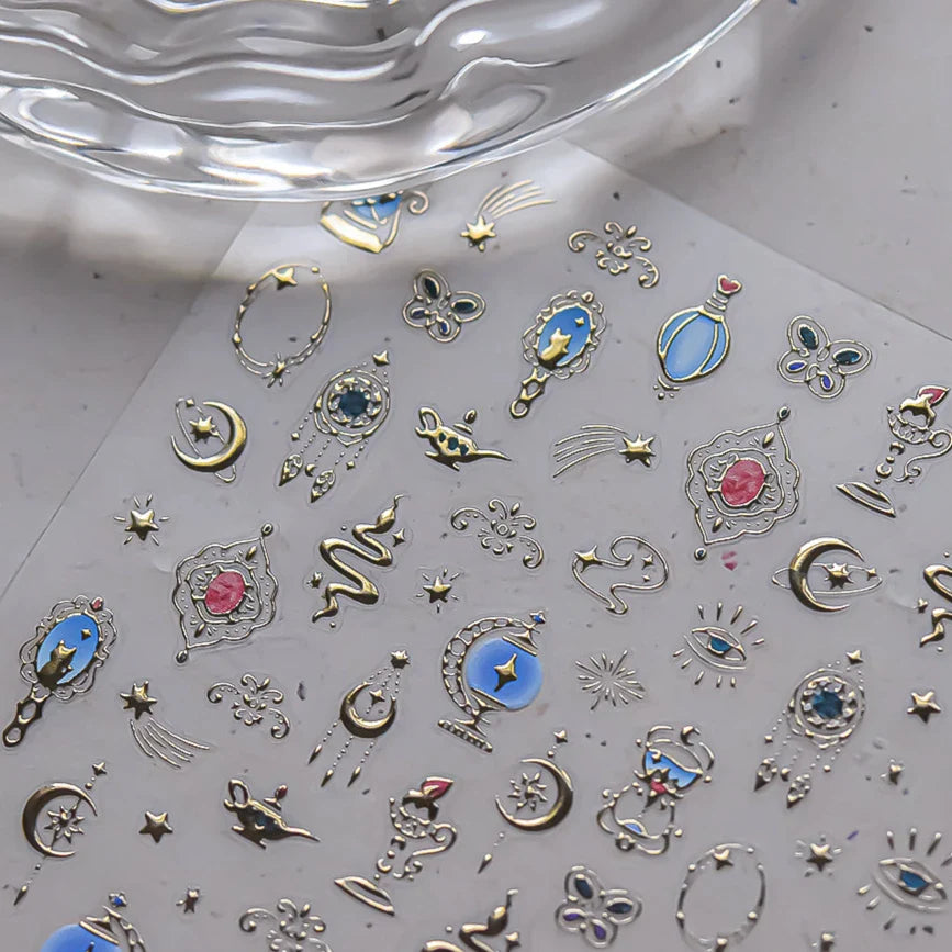Metal Snake Flower Pattern Stars Eye Pot Moon Butterfly Story Retro Meteor Candle Hourglass Nail Art Sticker Manicure Tool Decal (ONLINE ORDER ONLY)