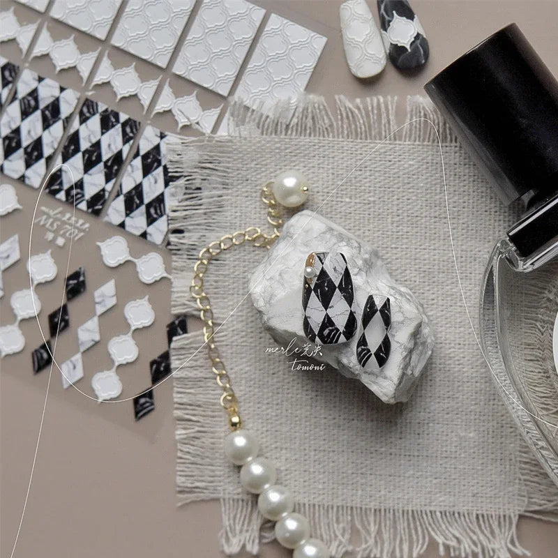 French Style Geometric Black White Square Grid Rhombus Stripe 3D Self Adhesive Nail Art Stickers Shiny Rhinestone Manicure Decal (ONLINE ORDER ONLY)