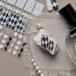 French Style Geometric Black White Square Grid Rhombus Stripe 3D Self Adhesive Nail Art Stickers Shiny Rhinestone Manicure Decal (ONLINE ORDER ONLY)