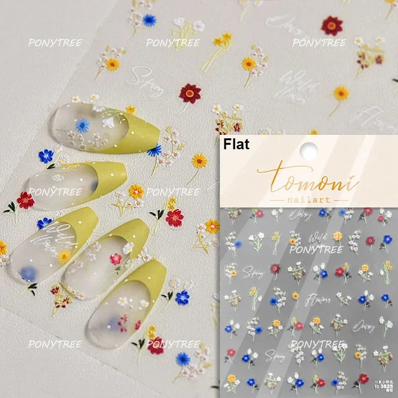 Chic Wild Flower Oil Painting Small Variegated Daisy Peach Blossom Lavender Petal Adhesive Nail Art Stickers Manicure Decals (Online Order Only)