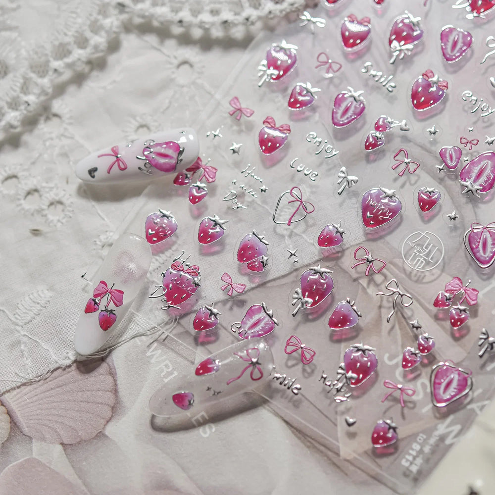 Pink Juicy Strawberry Fruit Cutting Line Ribbon Bowknot Star Happy Sweet Lovely Fruits Delicate Nail Art Stickers Manicure Decal (ONLINE ORDER ONLY)