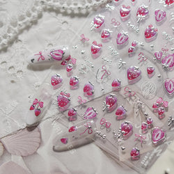 Cute Pink Tempting Strawberries Attractive Fruit Cutting Line Bowknot Star Silver Stamping Chic Nail Art Stickers Manicure Decal (ONLINE ORDER ONLY)