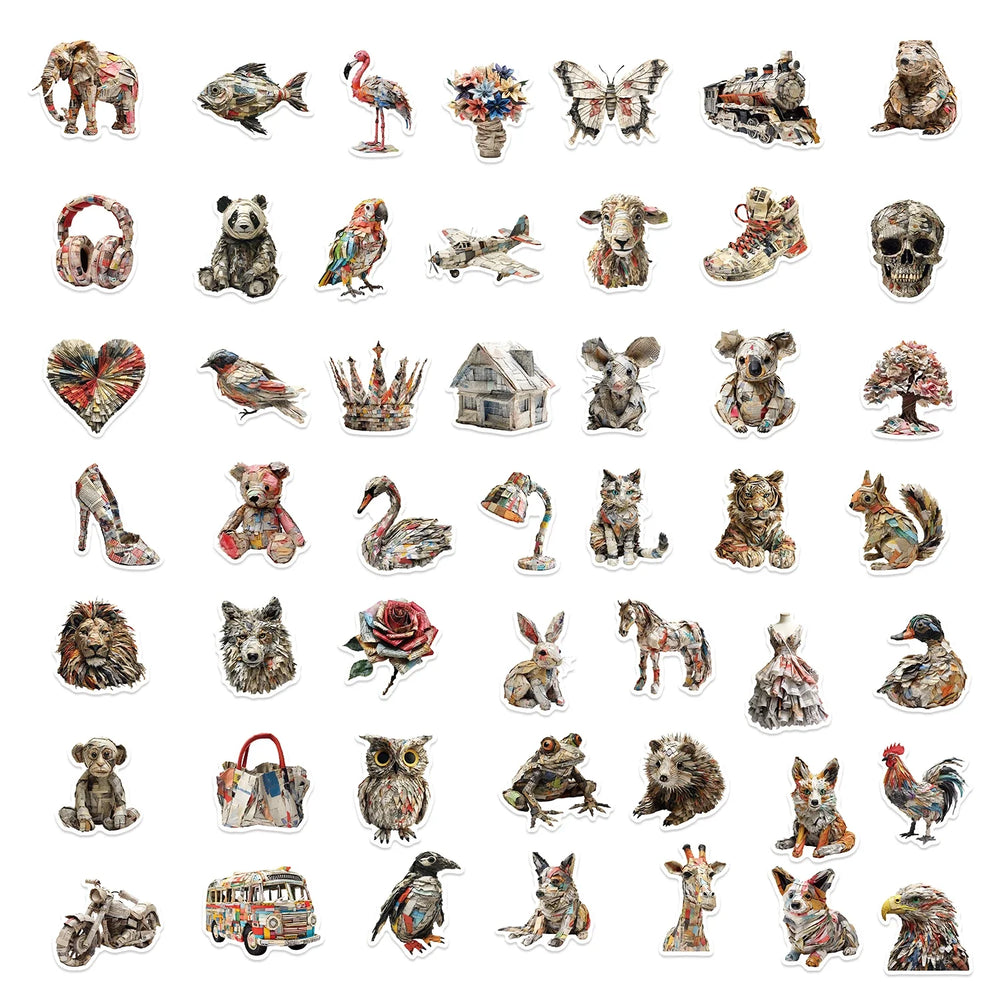 50Pcs Animals of Newspaper Sculptures Stickers Laptop Suitcase Graffiti Skateboard Luggage Waterproof PVC Stickers Kids Gift Toy (Online Order Only)
