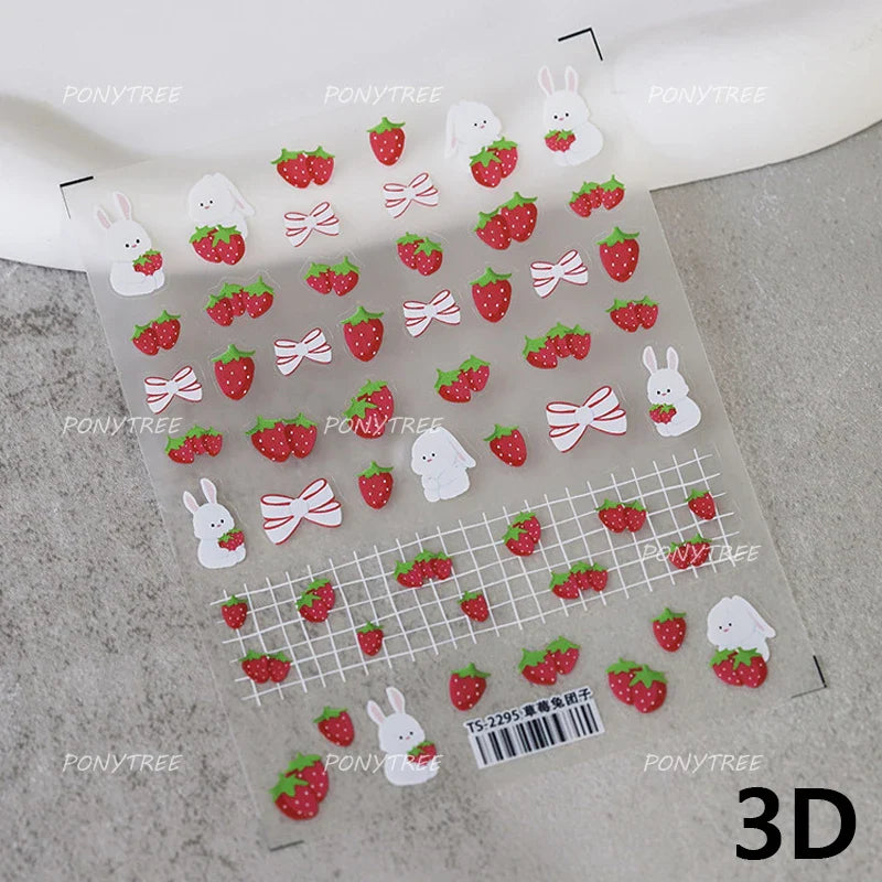 Cute Pink Tempting Strawberries Attractive Fruit Cutting Line Bowknot Star Silver Stamping Chic Nail Art Stickers Manicure Decal (ONLINE ORDER ONLY)