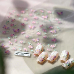 Charming Pink Purple Embroidery Gradual Butterfly Flowers Green Leaf 5D Tender Self Adhesive Nail Art Stickers Manicure Decals (ONLINE ORDER ONLY)