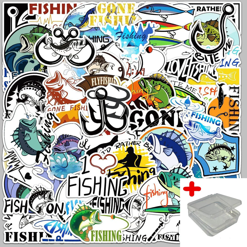 50pcs Fishing Graffiti Stickers for Helmet, Wall, DIY Decoration with Storage Box (Online Order Only)