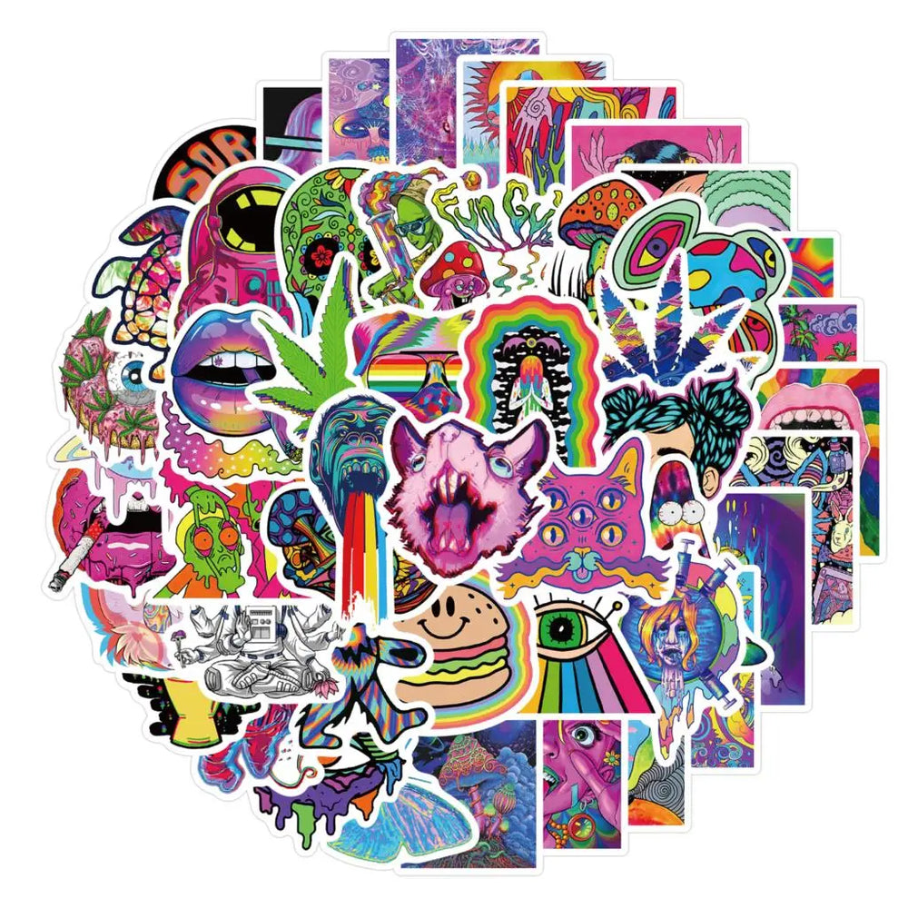 52PCS Cartoon Colorful Psychedelic Trippy Stickers Aesthetics Laptop Guitar Luggage Phone Graffiti Sticker Decal Kid Toy (Online Order Only)