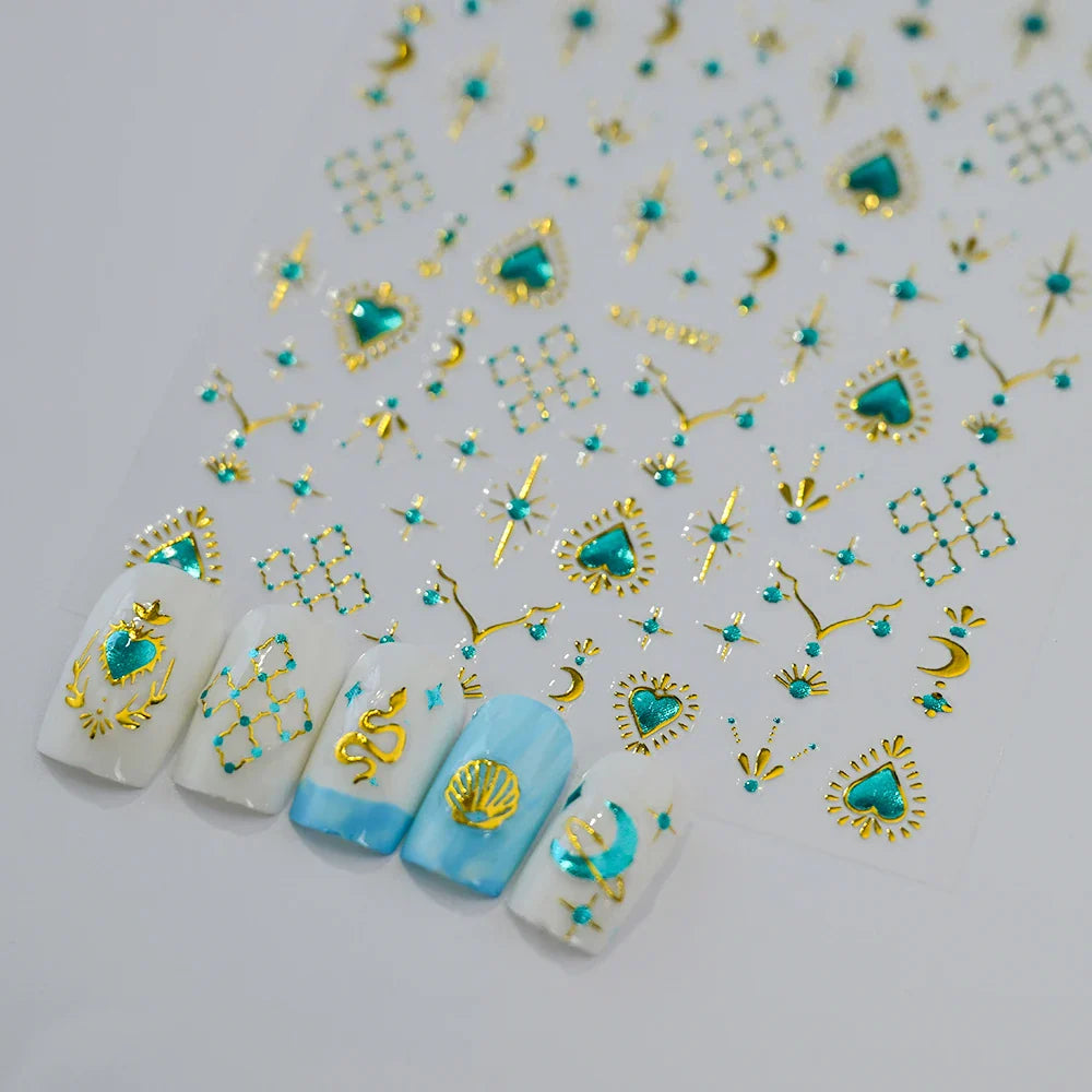 1pc Bohemian Valentine Nail Stickers 3D Self-Adhesive Fantasy Nail Art Glitter Sun, Heart, Lock, Star & Moon Designs Nail Decals (ONLINE ORDER ONLY)