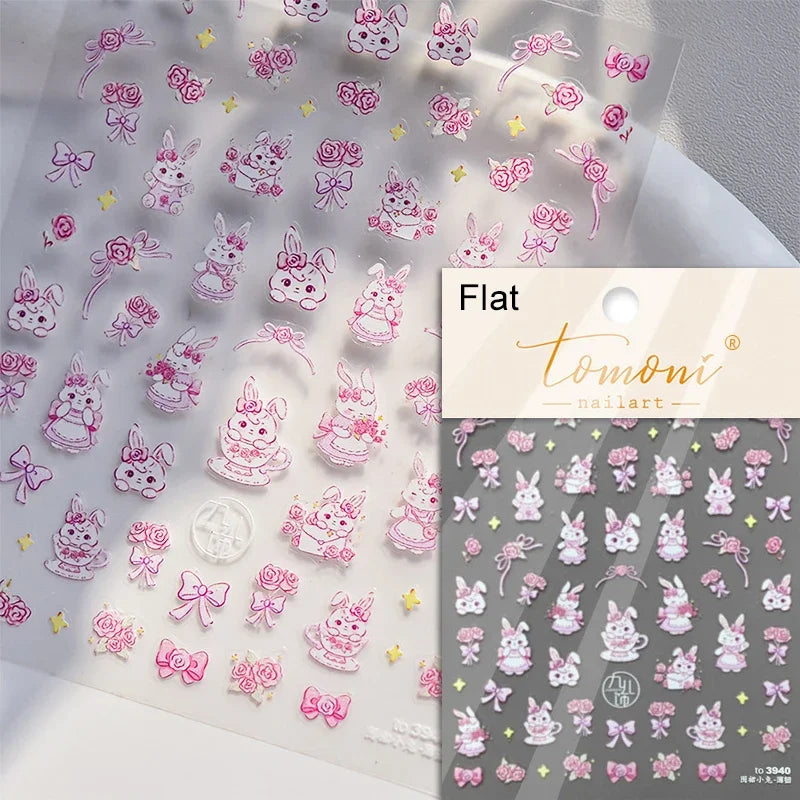 Romantic Candle Holder Lace Rambler Rose Pink Flower Bowknot Candlestick Ribbon Adhesive Nail Art Stickers Shiny Manicure Decals (ONLINE ORDER ONLY)