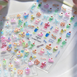 Colorful Food Pudding Alkali Water Bowknot Cream Fork Cup Bread Jelly Fruit Cartoon Cake Relief Nail Art Sticker Manicure Decals (ONLINE ORDER ONLY)