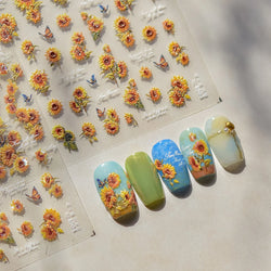 Embossed Shiny Vigor Sunflower Turnsole Vitality Butterfly Daisy Oil Painting Plant 5D Adhesive Nail Art Sticker Manicure Decals (ONLINE ORDER ONLY)
