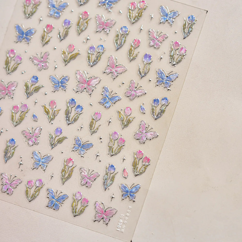 Delicate Dreamy Petal Star Tulip Flower Purple Bowknot Butterfly Illusion Chic Relief Adhesive Nail Art Stickers Manicure Decals (Online Order Only)
