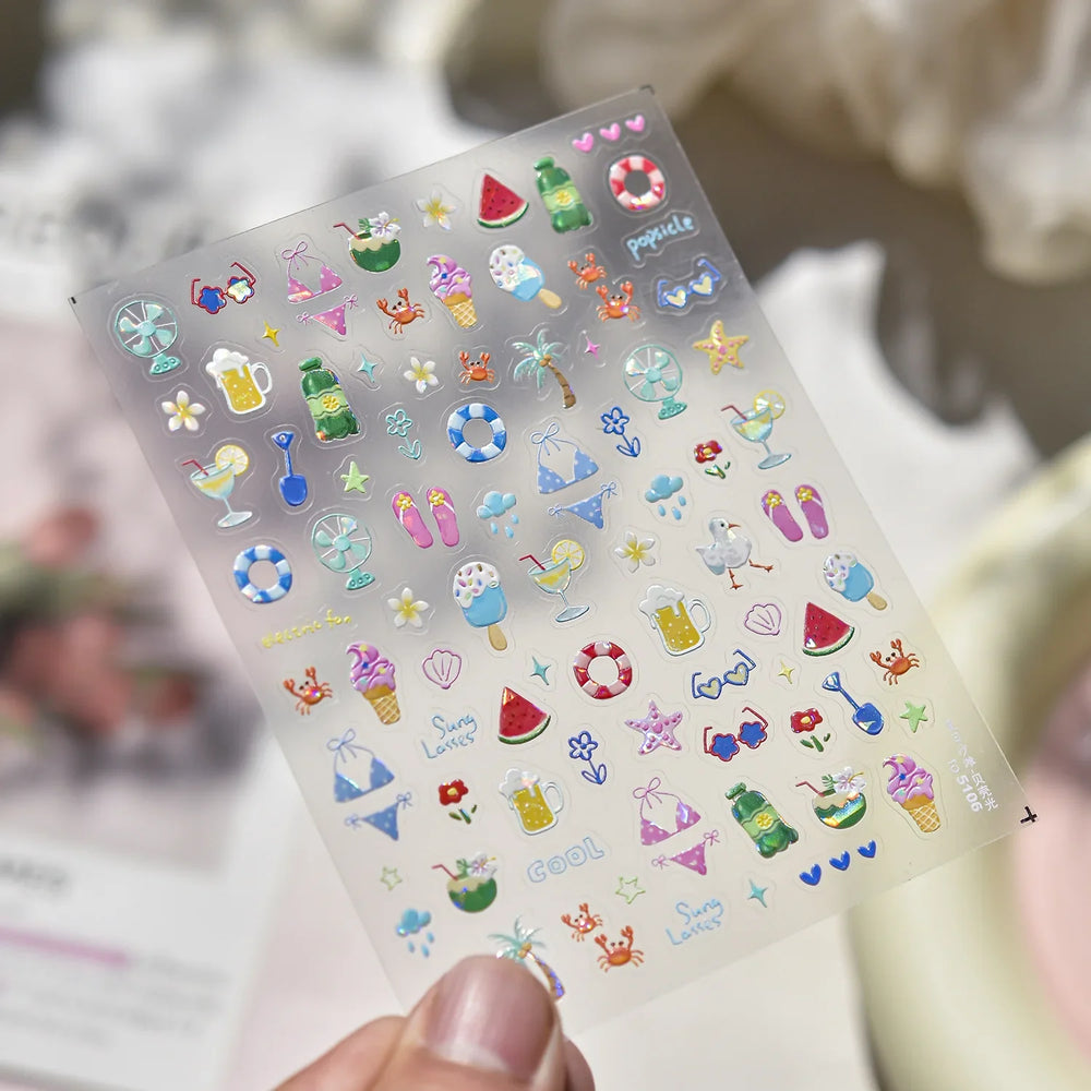 Summer Beach Bikini Watermelon Strawberry Ice Cream Soda Coconut Tree Fan Juice Crab Nail Art Decoration Stickers Manicure Decal (ONLINE ORDER ONLY)