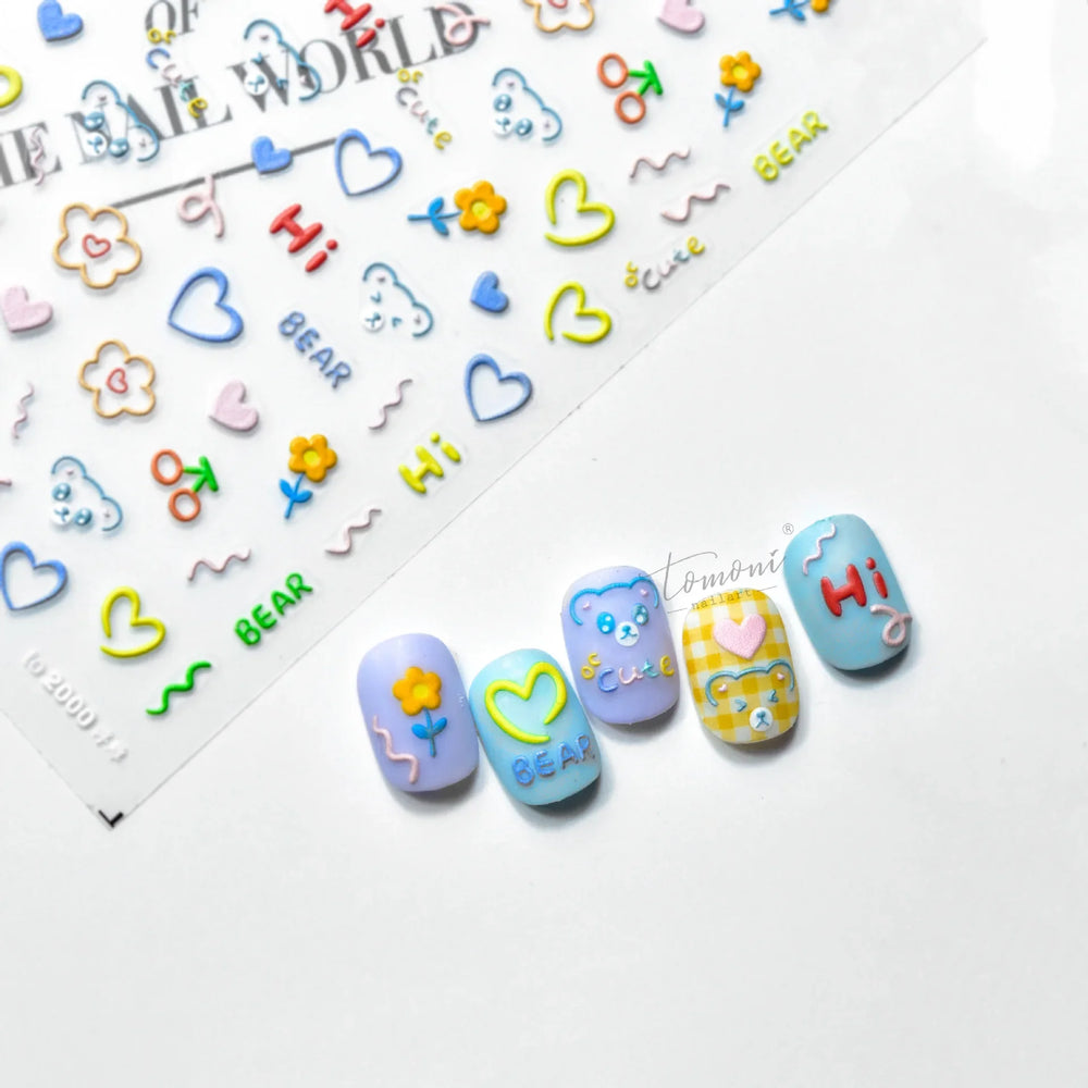 Cute Graffiti Cartoon Line Cherry Bear Cat Flower Bouquet Fish Boys Girls Strawberry Reliefs Nail Art Stickers Manicure Decals (ONLINE ORDER ONLY)
