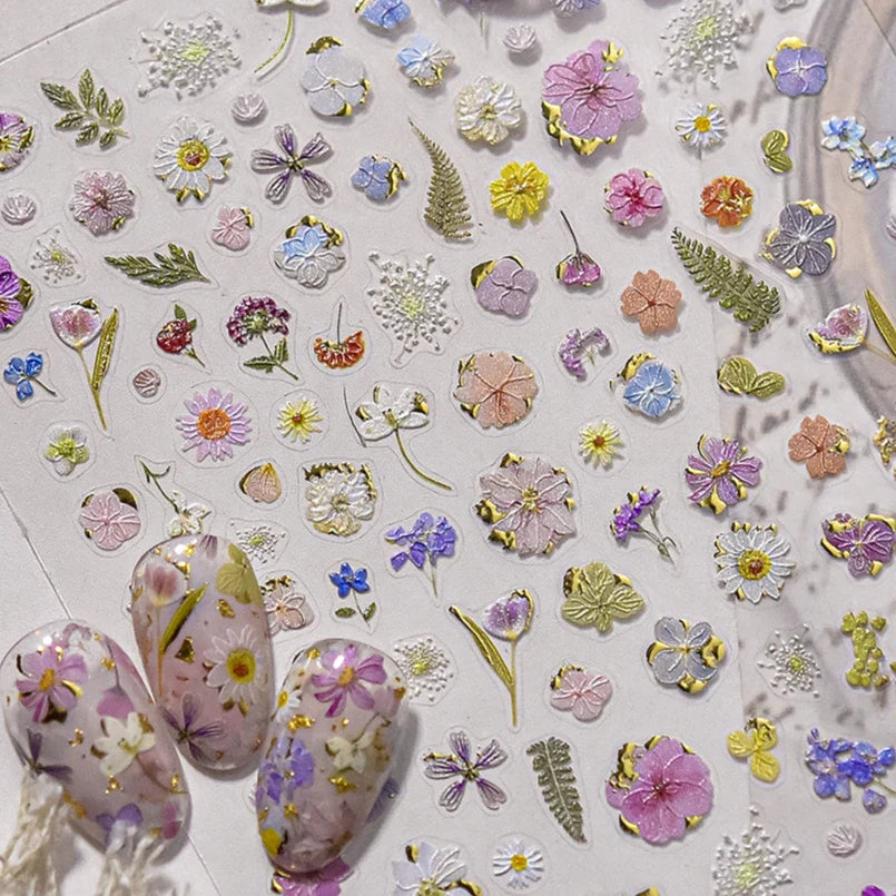 Gold Foil Dried Flowers Leaf Floral Print Daisy Rose Flower Peach Blossom Adhesive Nail Art Decoration Sticker Manicure Decals (ONLINE ORDER ONLY)