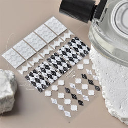 French Style Geometric Black White Square Grid Rhombus Stripe 3D Self Adhesive Nail Art Stickers Shiny Rhinestone Manicure Decal (ONLINE ORDER ONLY)