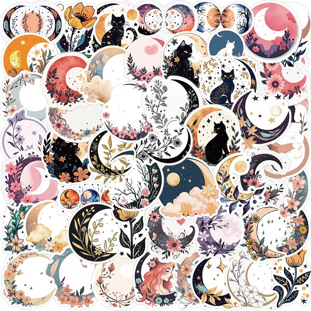 10/30/50pcs Aesthetic Bohemian Moon Flower Cat Stickers Decal for Scrapbook Guitar Laptop Luggage Water Bottle Fridge Skateboard (ONLINE ORDER ONLY)