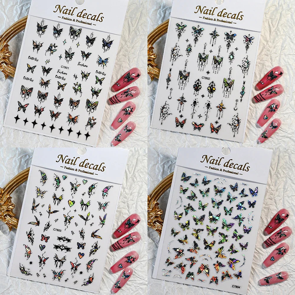 1pcs Butterfly Floral Nail Art Stickers Magic Shell Light Laser Black/White Nail Decoration Butterfly Slider Manicure Ornaments* (Online Order Only)