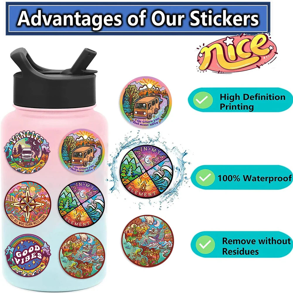 50PCS Fun Camping Adventure Stickers Aesthetic DIY Decals Skateboard Phone Laptop Suitcase Decorative Sticker (ONLINE ORDER ONLY)