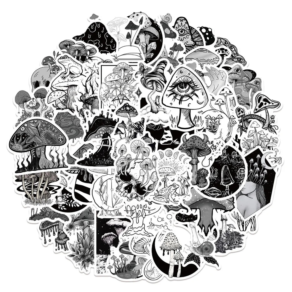 10/50pcs Funny Anime Psychedelic Mushroom Sticker Cute Black and White Magic Plant Stickers Phone Laptop Stickers Decals (ONLINE ORDER ONLY)