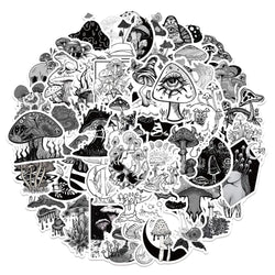 10/50pcs Funny Anime Psychedelic Mushroom Sticker Cute Black and White Magic Plant Stickers Phone Laptop Stickers Decals (ONLINE ORDER ONLY)