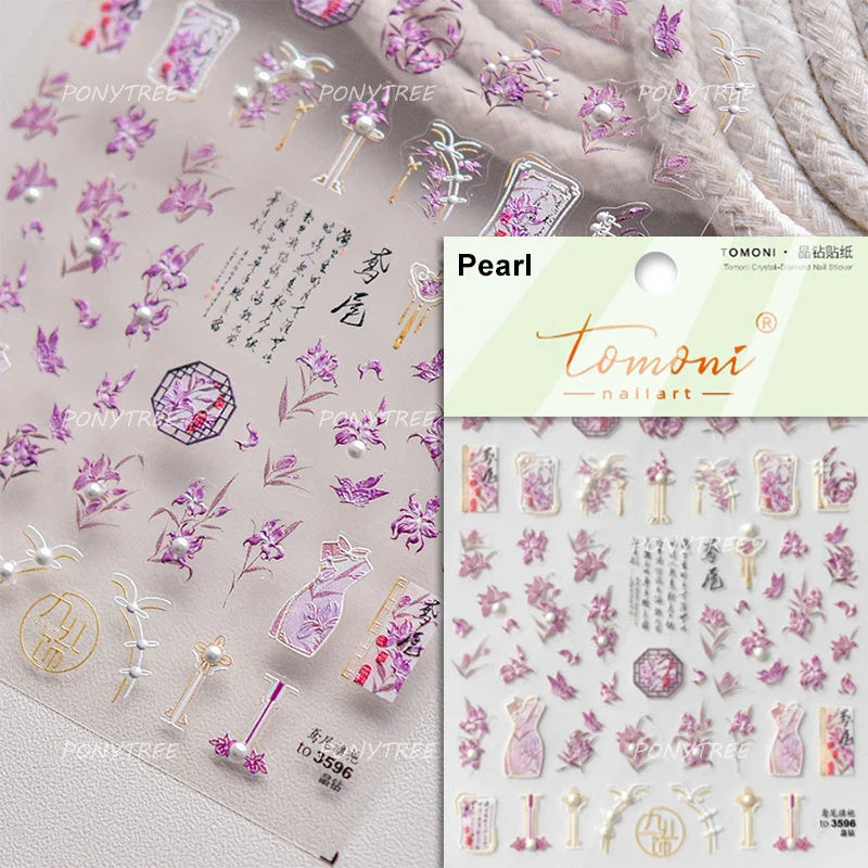 Orchid Daisy Chrysanthemum Peach Blossom Lotus Flower Vase Floral Art Fan Wintersweet Adhesive Nail Art Stickers Manicure Decals (Online Order Only)