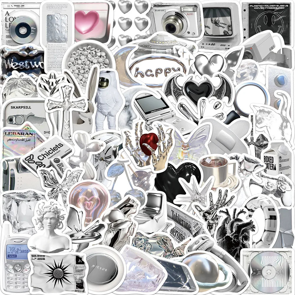 Cool Silver Graffiti Stickers: 10/30/66pcs Aesthetic Cartoon Decals for Skateboard, Guitar, Notebook, Phone, Bike (ONLINE ORDER ONLY)