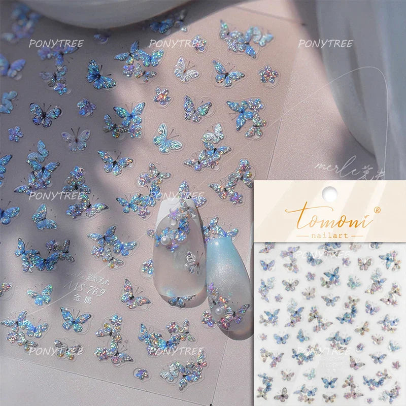 Blue Purple Tulip Flower Butterfly Garden Blossom Floral Charming Delicate 5D Relief Adhesive Nail Art Stickers Manicure Decals (ONLINE ORDER ONLY)