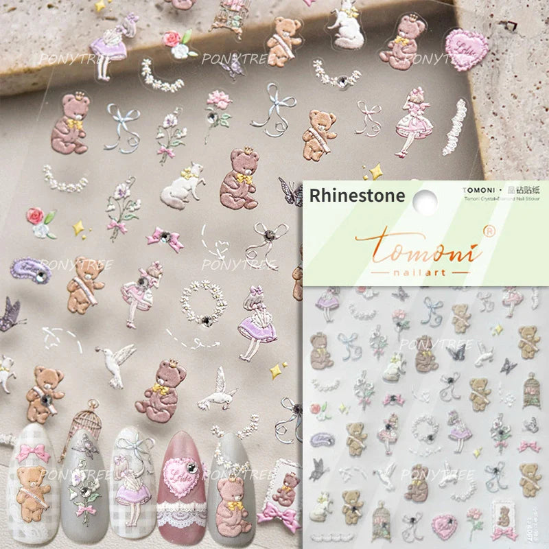 Cute Bear Teddy Birthday Party Maillard Bear Cake Flower Bouquet Lucky Love Heart 5D Adhesive Nail Art Sticker Manicure Decals (Online Order Only)