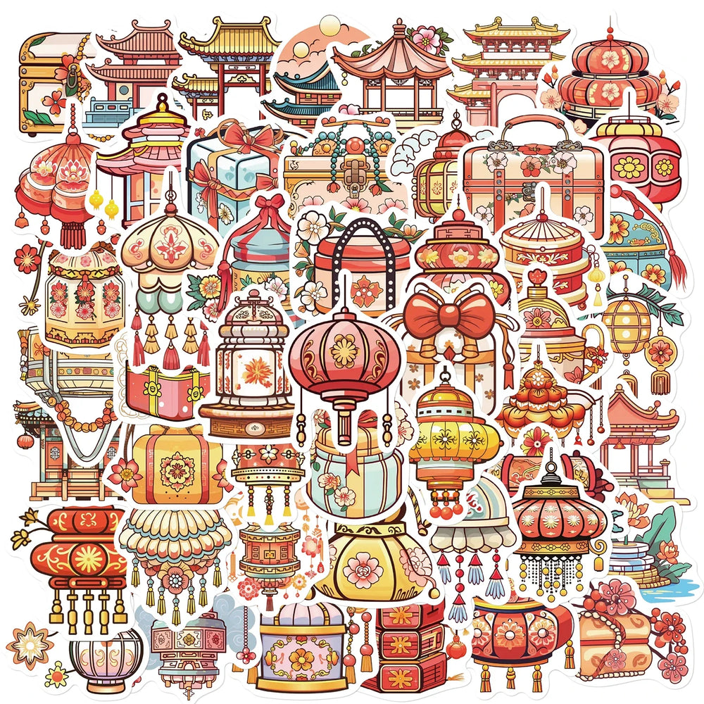 50Pcs Ancient Chinese Traditional Style Small Items Stickers Artifacts For Notebook Diary Material Phone Case Suitcase Decals (ONLINE ORDER ONLY)