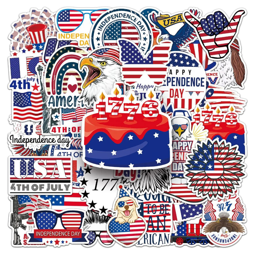10/50Pcs American Flag Independence Day Cool Stickers Laptop Guitar Luggage Phone Waterproof Graffiti Sticker Decal Kid Toys (ONLINE ORDER ONLY)