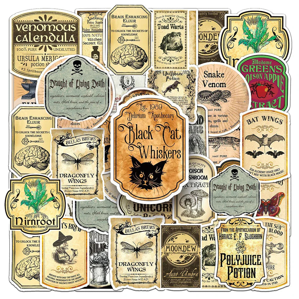 10/30/50pcs Vintage Magic Potion Label Sticker Packs (ONLINE ORDER ONLY)