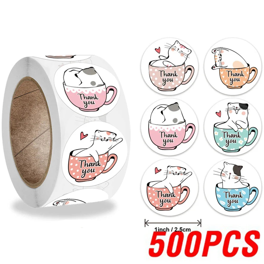 100-500pcs Thank You Cats Stickers For Kids Reward Stickers Thanksgiving Labels Toys 6 Beautiful Designs Stationery stickers (ONLINE ORDER ONLY)
