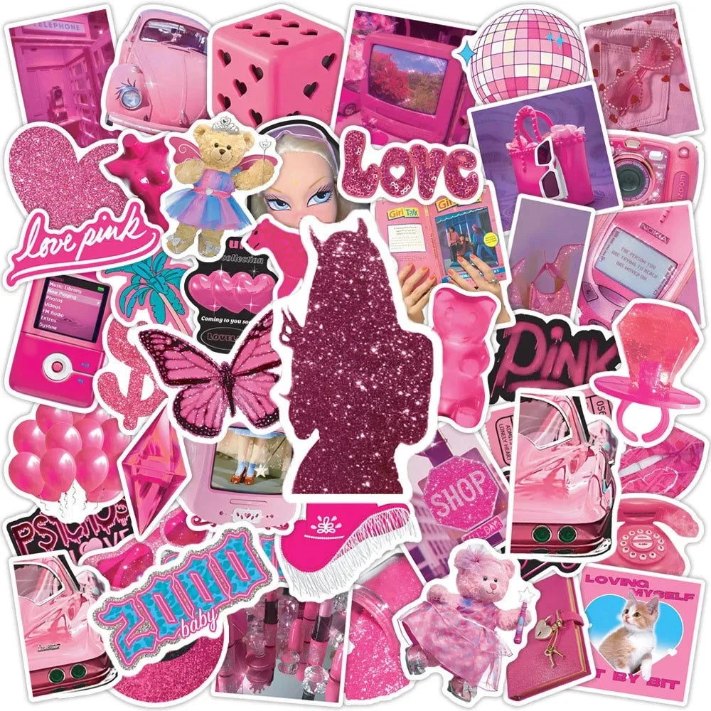 Pink Preppy Girls Cartoon Stickers Pack - 10/50Pcs for Kids Laptop Scrapbooking Travel Decoration (Online Order Only)