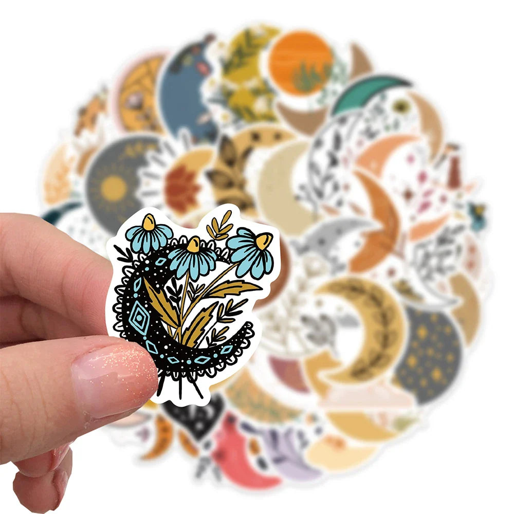 10/30/50PCS Pretty Bohemia Flower Moon Stickers Aesthetic Decoration DIY Skateboard Guitar Laptop Scrapbook Fridge Decals Toys (ONLINE ORDER ONLY)