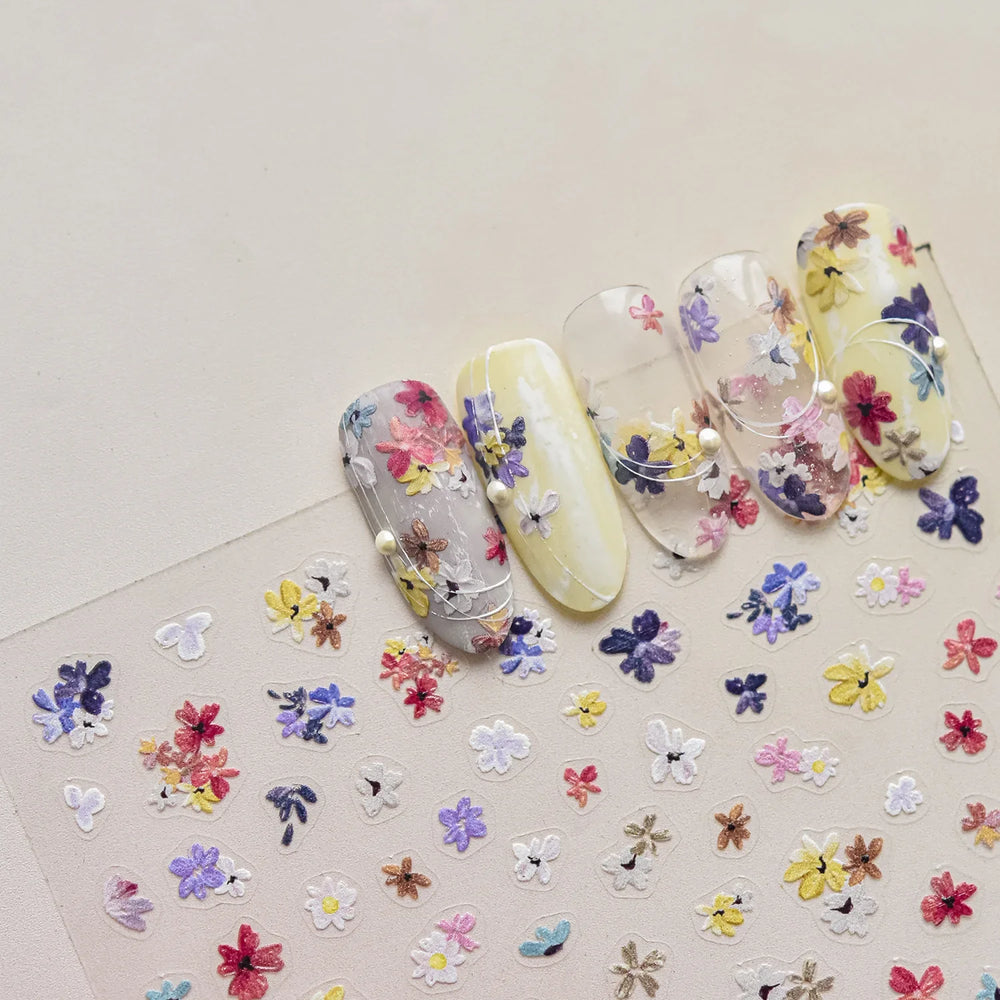 Chic Wild Flower Oil Painting Small Variegated Daisy Peach Blossom Lavender Petal Adhesive Nail Art Stickers Manicure Decals (Online Order Only)