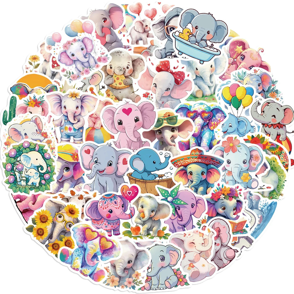 50pcs Elephant Stickers Pack Cute Animal Stickers Kawaii Stickers for Water Bottles Laptop Luggage Cartoon Waterproof Sticker (Online Order Only)