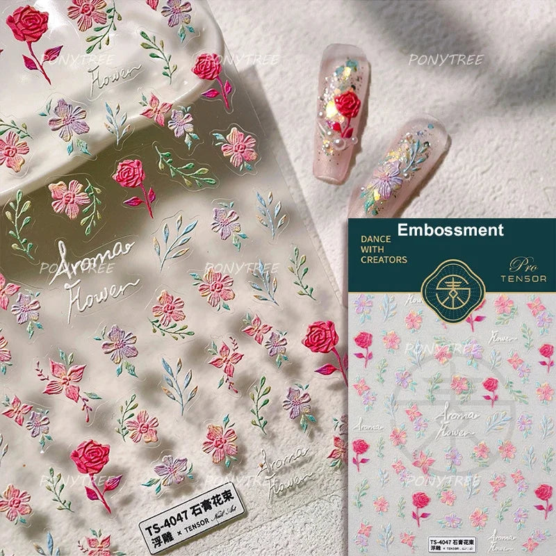 Rose Flower Bouquet Leaves Lace Bowknot Pearl Photo Frame Gird Embossed Reliefs Self Adhesive Nail Art Stickers Manicure Decals (ONLINE ORDER ONLY)