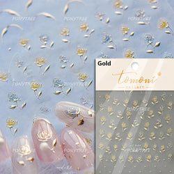 Oil Painting Style Rose Camellia Flower Vase Romantic Candle Holder Bowknot Embossed Adhesive Nail Art Stickers Manicure Decals (ONLINE ORDER ONLY)