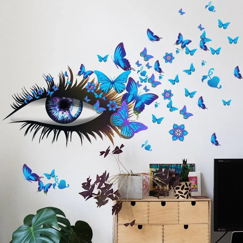 Creative Beautiful Girl Eyes Wall Sticker Flying Butterfly Wall Decals Girl Long Eyelashes for Couple Lovers Bedroom Decoration (ONLINE ORDER ONLY)