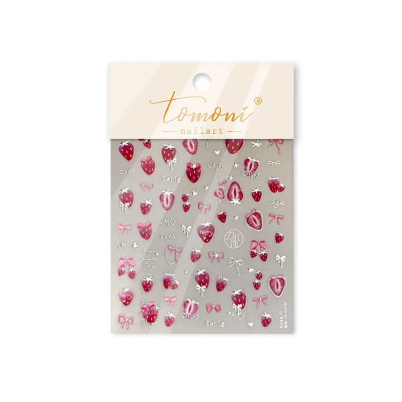 Cute Pink Tempting Strawberries Attractive Fruit Cutting Line Bowknot Star Silver Stamping Chic Nail Art Stickers Manicure Decal (ONLINE ORDER ONLY)