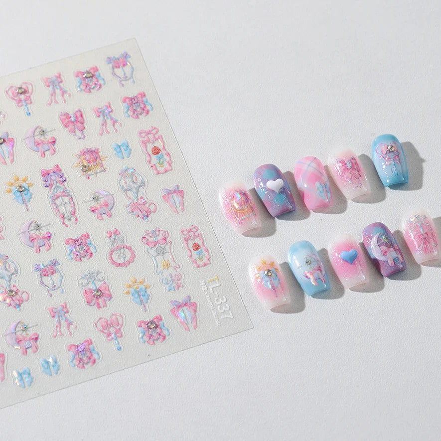 Pink Bowknot Star Moon Starburst Sun Polar Day Polar Night Sword Rose Flower Wreath Adhesive Nail Art Stickers Manicure Decals (ONLINE ORDER ONLY)
