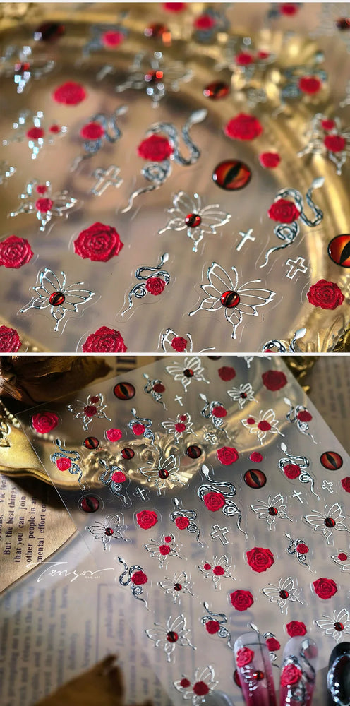 Retro Red Butterfly Snake Rose Flower Evil Eyes Gothic Architecture Cross Dark Self Adhesive Nail Art Stickers Manicure Decals (ONLINE ORDER ONLY)