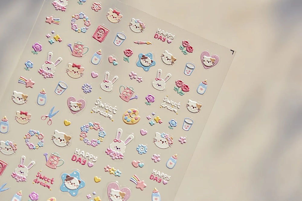 Cream Wind Cat Rabbit Kitten Bunny Bowknot Flower Butterfly Cake Cherry Tulip 5D Self Adhesive Nail Art Stickers Manicure Decals (Online Order Only)
