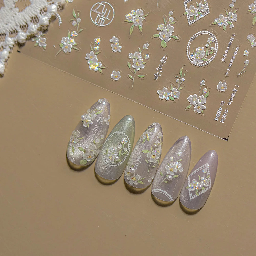 Pink Peach Blossom Flower White Pear Romantic Archaistic Swallow Window Adhesive Nail Art Stickers Rhinestone Manicure Decals (ONLINE ORDER ONLY)