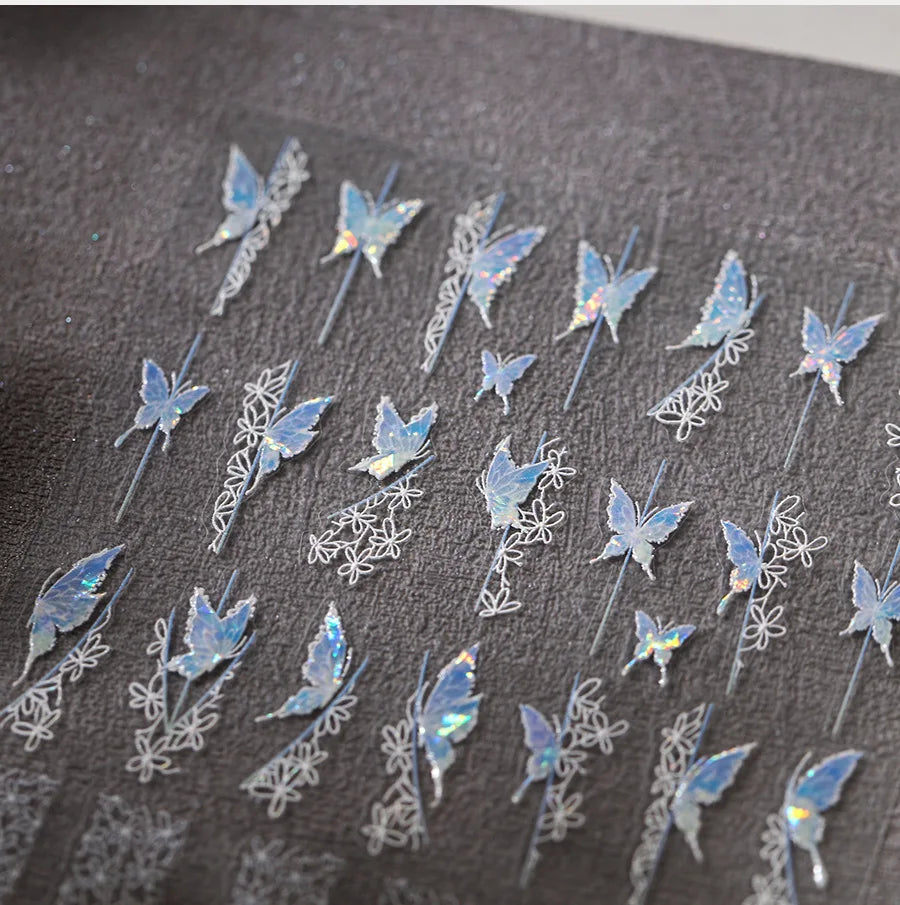 Butterfly Flower Hollow Out Lace Delicate Floral Print Shiny Cloth Block Insect Self Adhesive Nail Art Stickers Manicure Decals (Online Order Only)