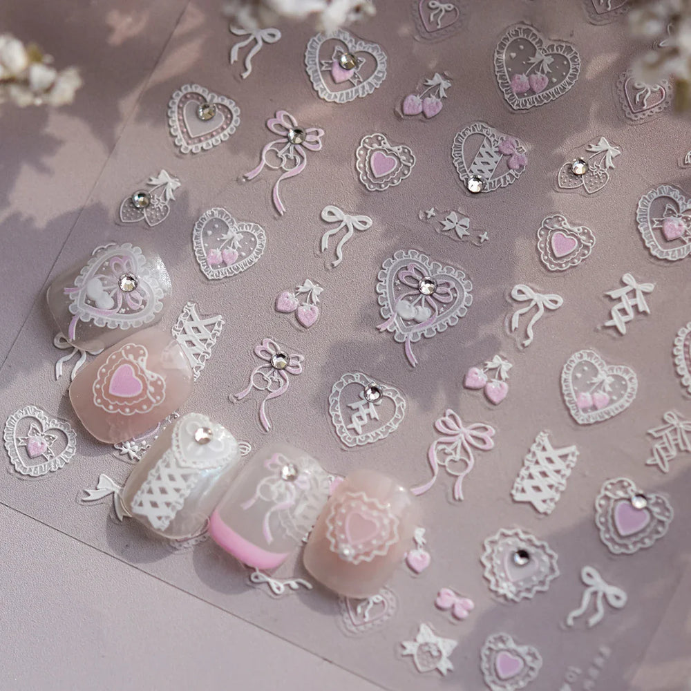 Lovely Heart Strawberry Cherry Bowknot Lace Lolita Crystal Rhinestone Line Rococo Chic Adhesive Nail Art Sticker Manicure Decals (ONLINE ORDER ONLY)