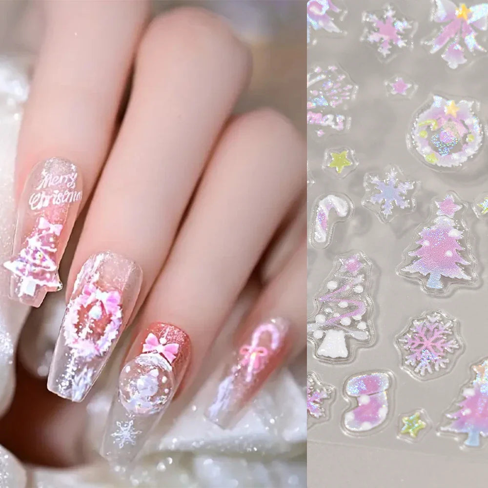 1pcs Pink Christmas Nail Stickers Shiny Shell Light Nail Art Parts Stickers Cute Snowflakes Star Wreath Nail Decorations Decals* (ONLINE ORDER ONLY)
